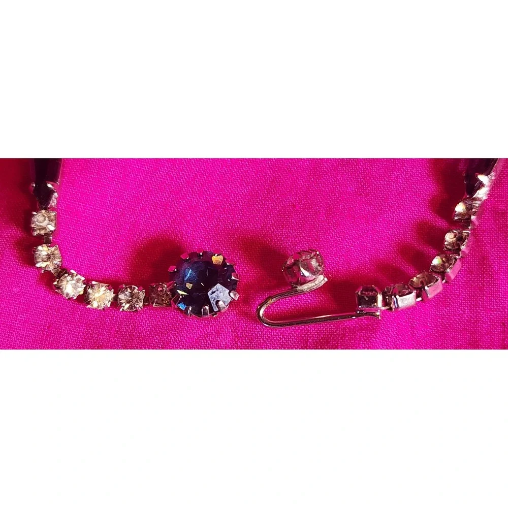Vtg Kramer of New York Blue Rhinestone Choker Necklace Silver Tone MCM Retro